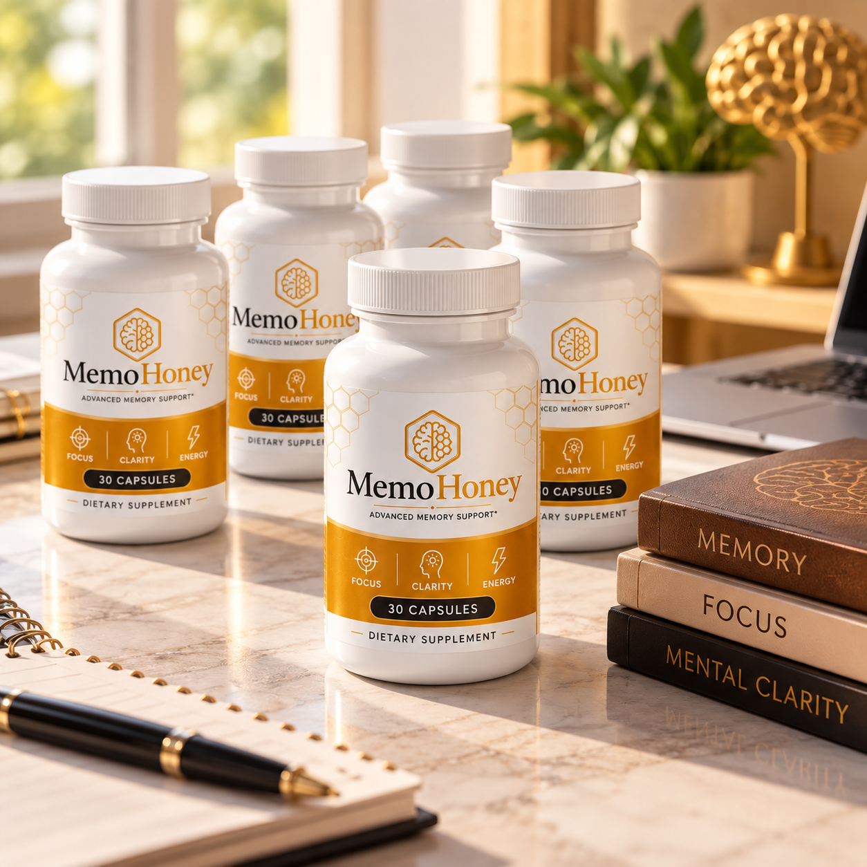 What is MemoHoney — five bottle memory and focus support presentation