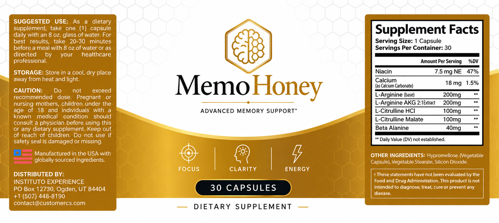 MemoHoney Supplement Facts and formulation label